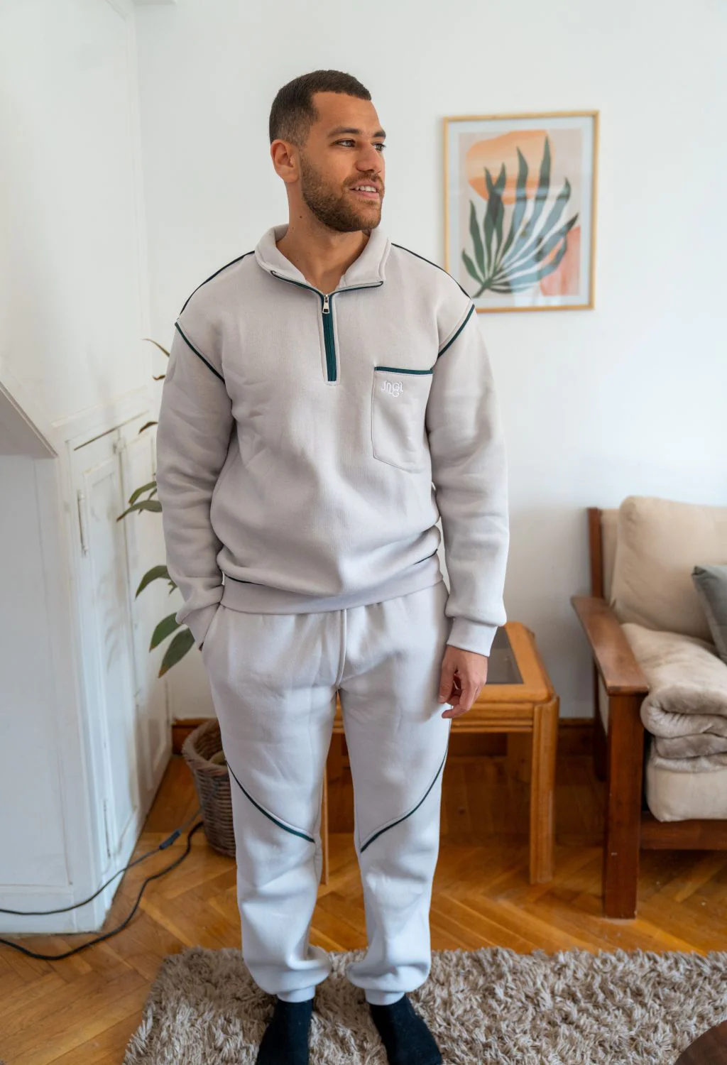 Men Winter Pajama Set Light Grey Hoodie + Pants - Image 2