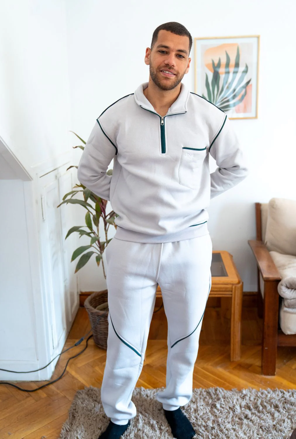 Men Winter Pajama Set Light Grey Hoodie + Pants - Image 4