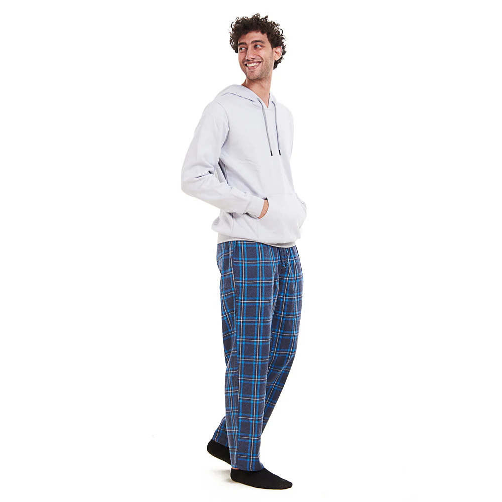 Men Winter Pajama Set Light Grey Hoodie + Turquoise x Dark Blue Checkered Pants - Image 2
