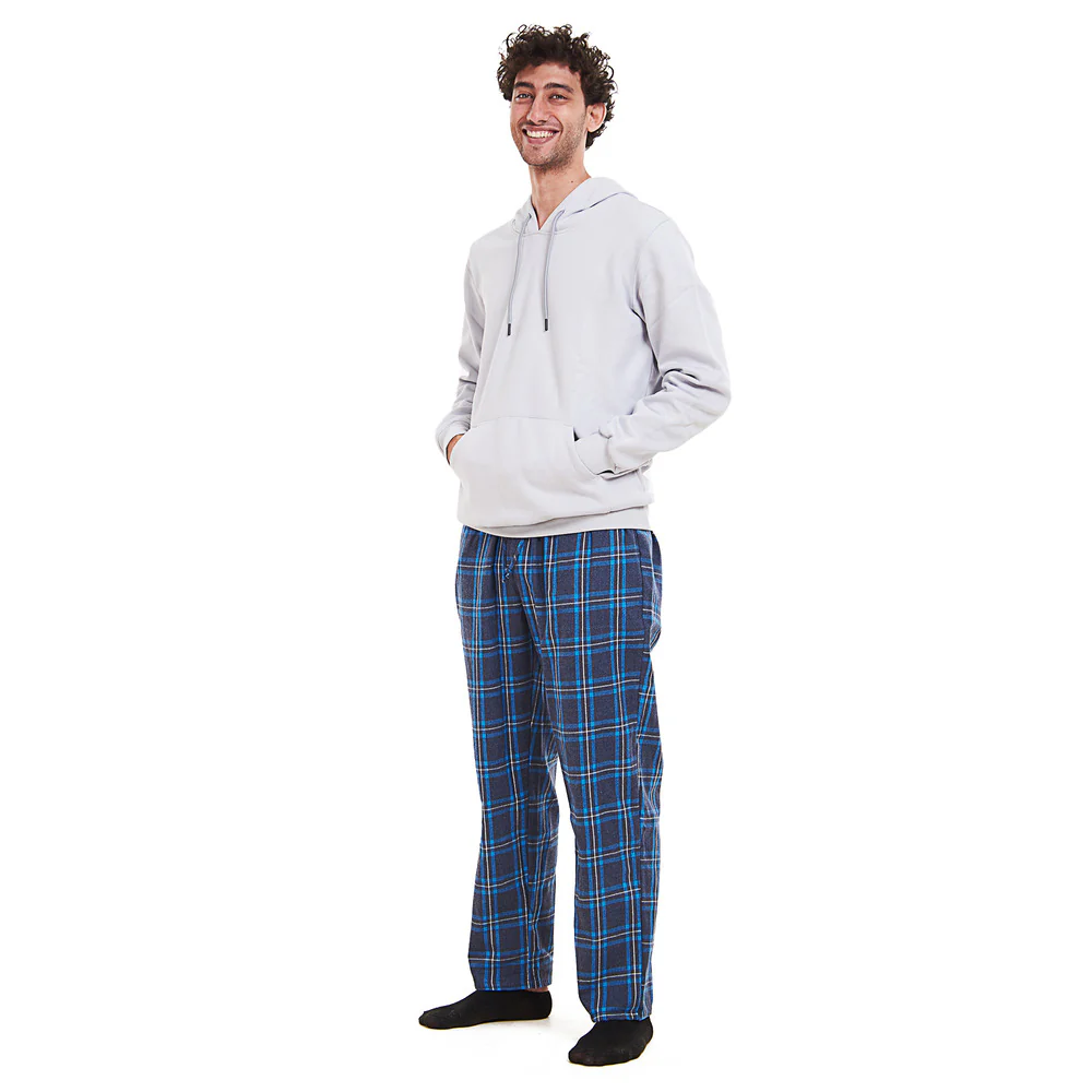 Men Winter Pajama Set Light Grey Hoodie + Turquoise x Dark Blue Checkered Pants - Image 3