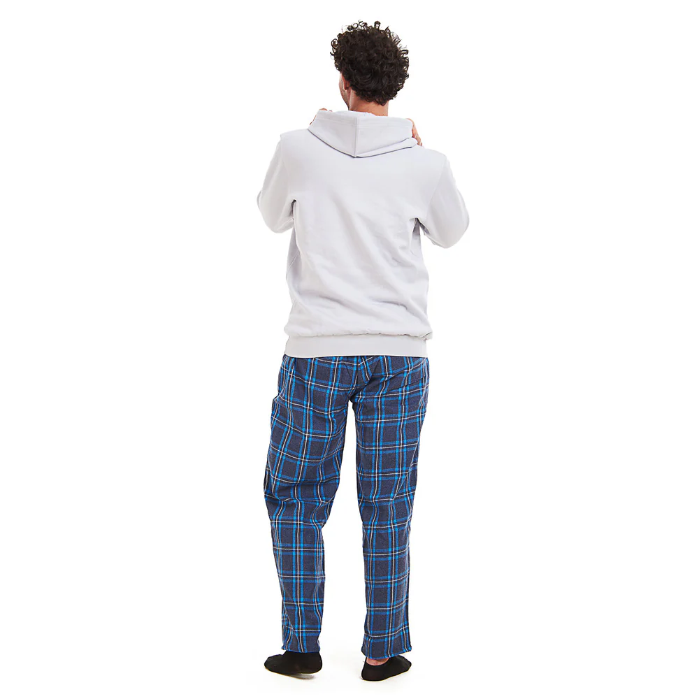 Men Winter Pajama Set Light Grey Hoodie + Turquoise x Dark Blue Checkered Pants - Image 4