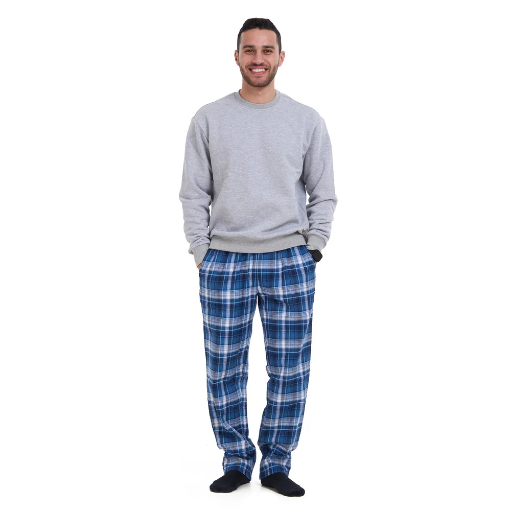 Men Winter Pajama Set Light Grey sweatshirt + Dark Blue x Light Grey Checkered Pants - Image 2