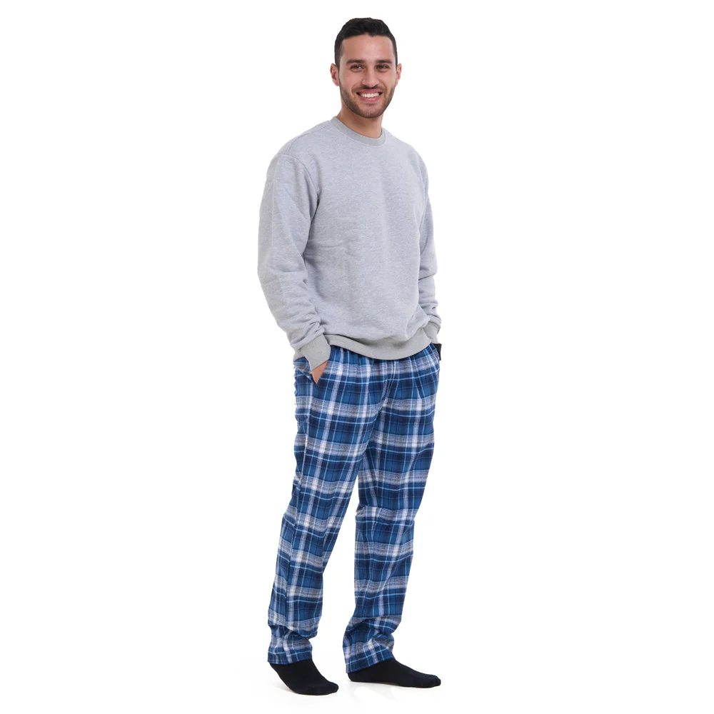 Men Winter Pajama Set Light Grey sweatshirt + Dark Blue x Light Grey Checkered Pants - Image 3