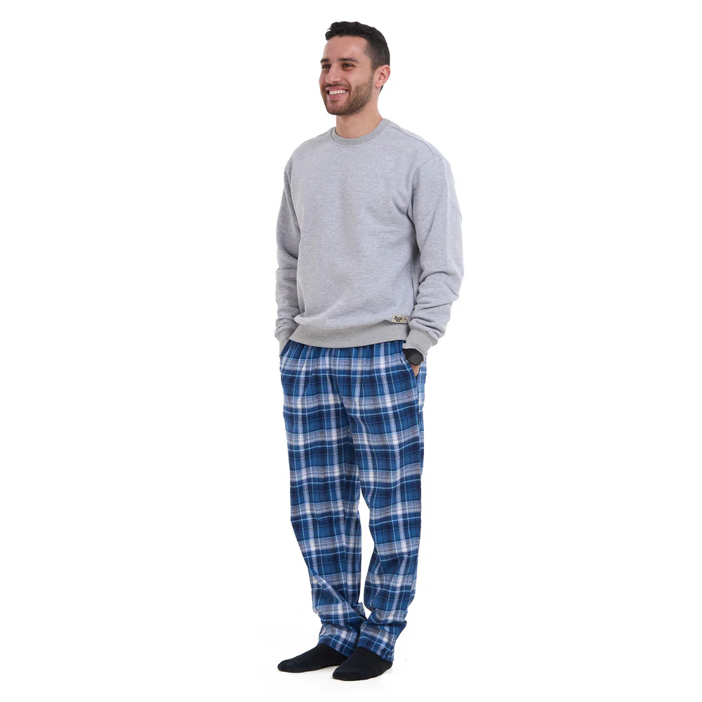Men Winter Pajama Set Light Grey sweatshirt + Dark Blue x Light Grey Checkered Pants - Image 4