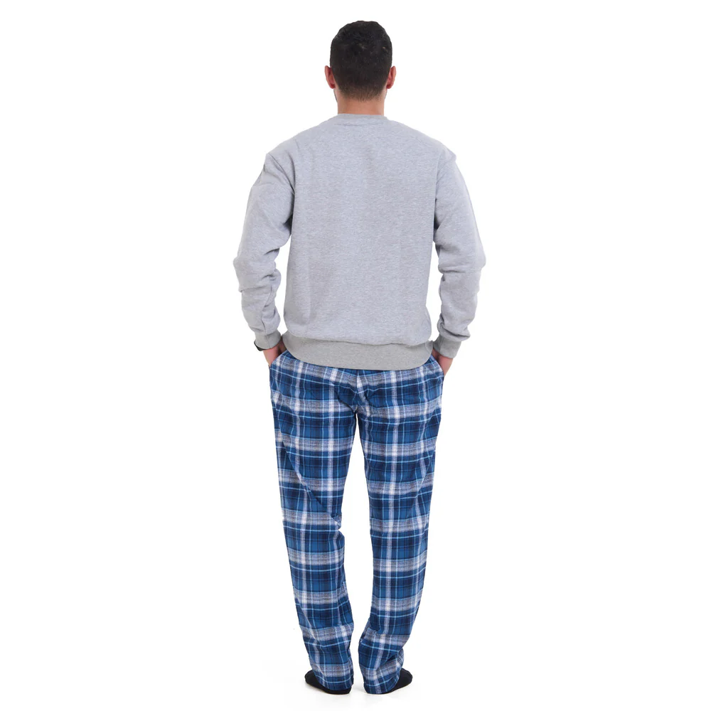 Men Winter Pajama Set Light Grey sweatshirt + Dark Blue x Light Grey Checkered Pants - Image 5