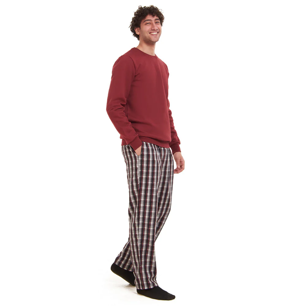 Men Winter Pajama Set Dark Red Sweatshirt + Dark Red x Black Checkered Pants - Image 2