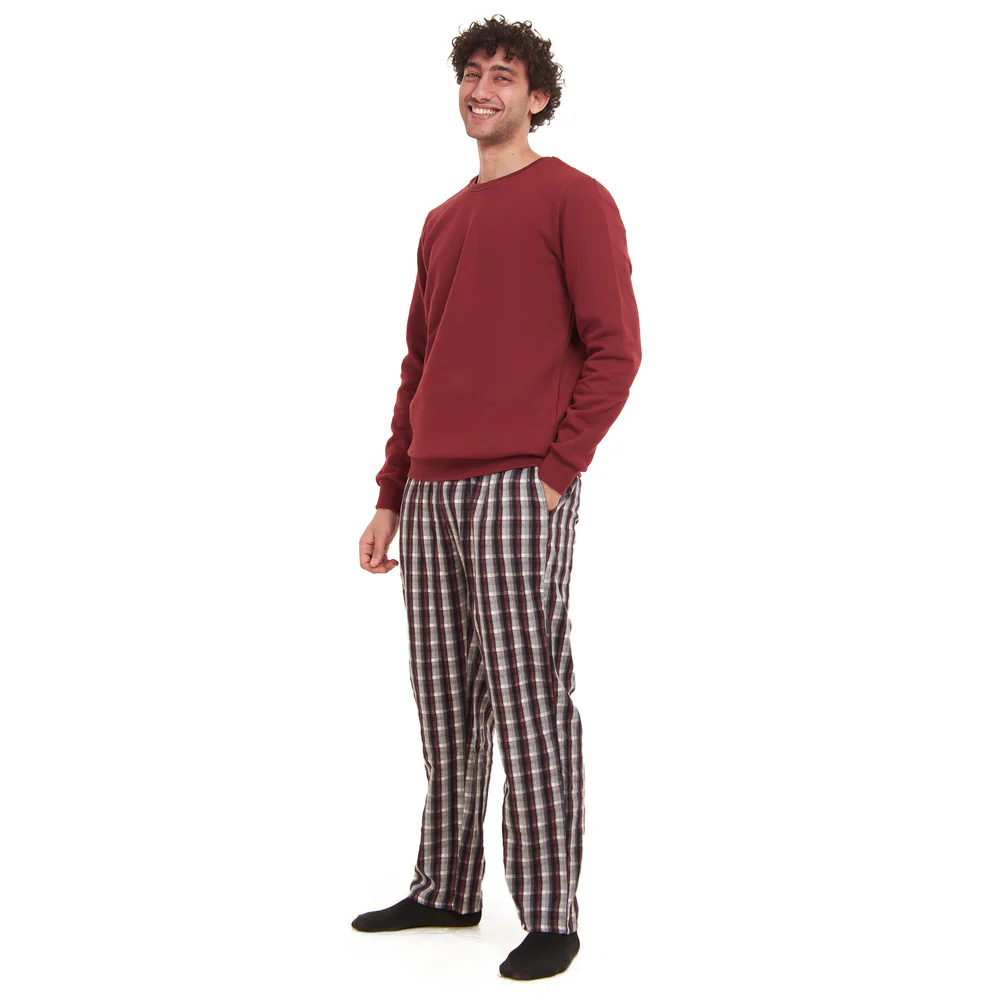 Men Winter Pajama Set Dark Red Sweatshirt + Dark Red x Black Checkered Pants - Image 3