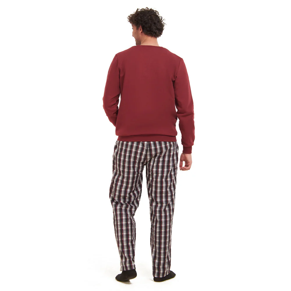 Men Winter Pajama Set Dark Red Sweatshirt + Dark Red x Black Checkered Pants - Image 4