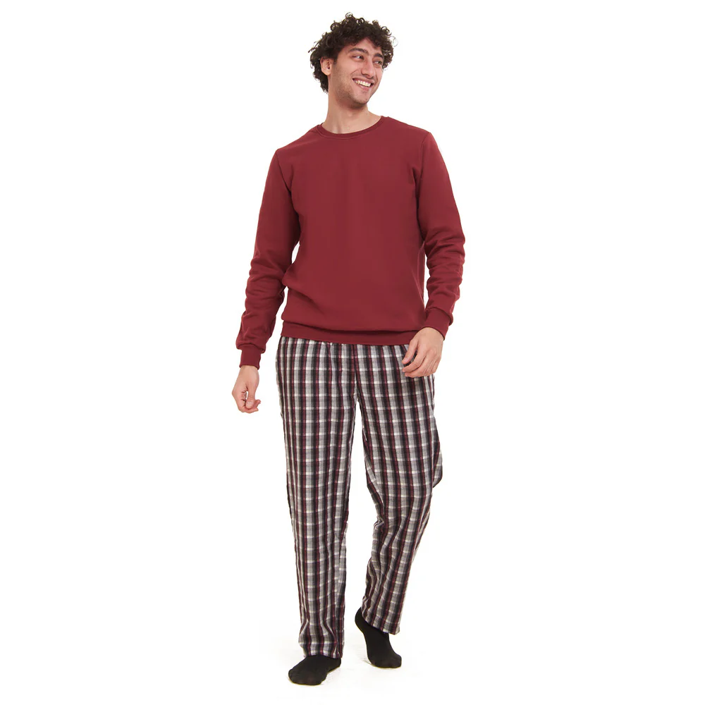 Men Winter Pajama Set Dark Red Sweatshirt + Dark Red x Black Checkered Pants - Image 5