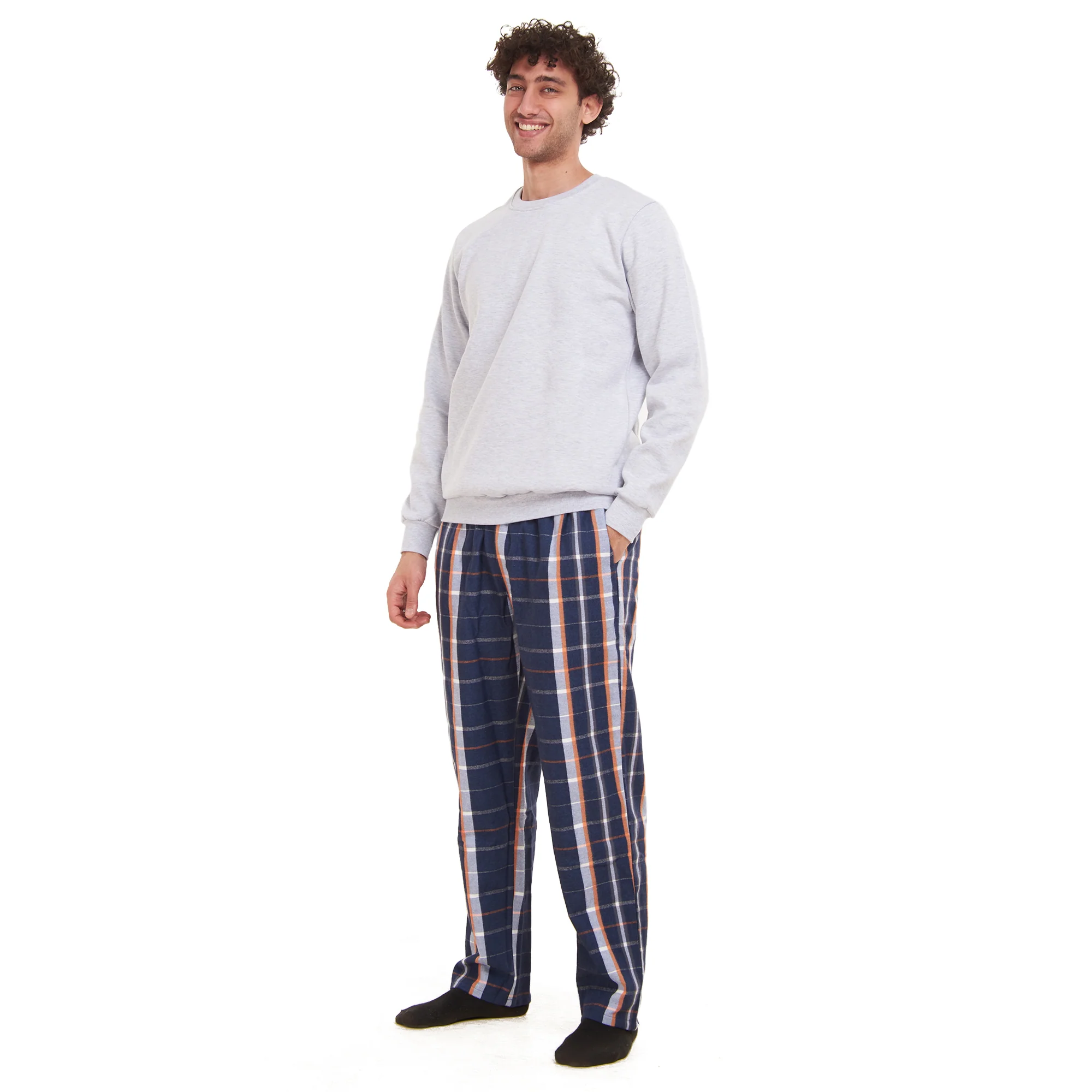 Men Winter Pajama Set Light Grey Sweatshirt + White x Dark Blue  Checkered Pants - Image 2