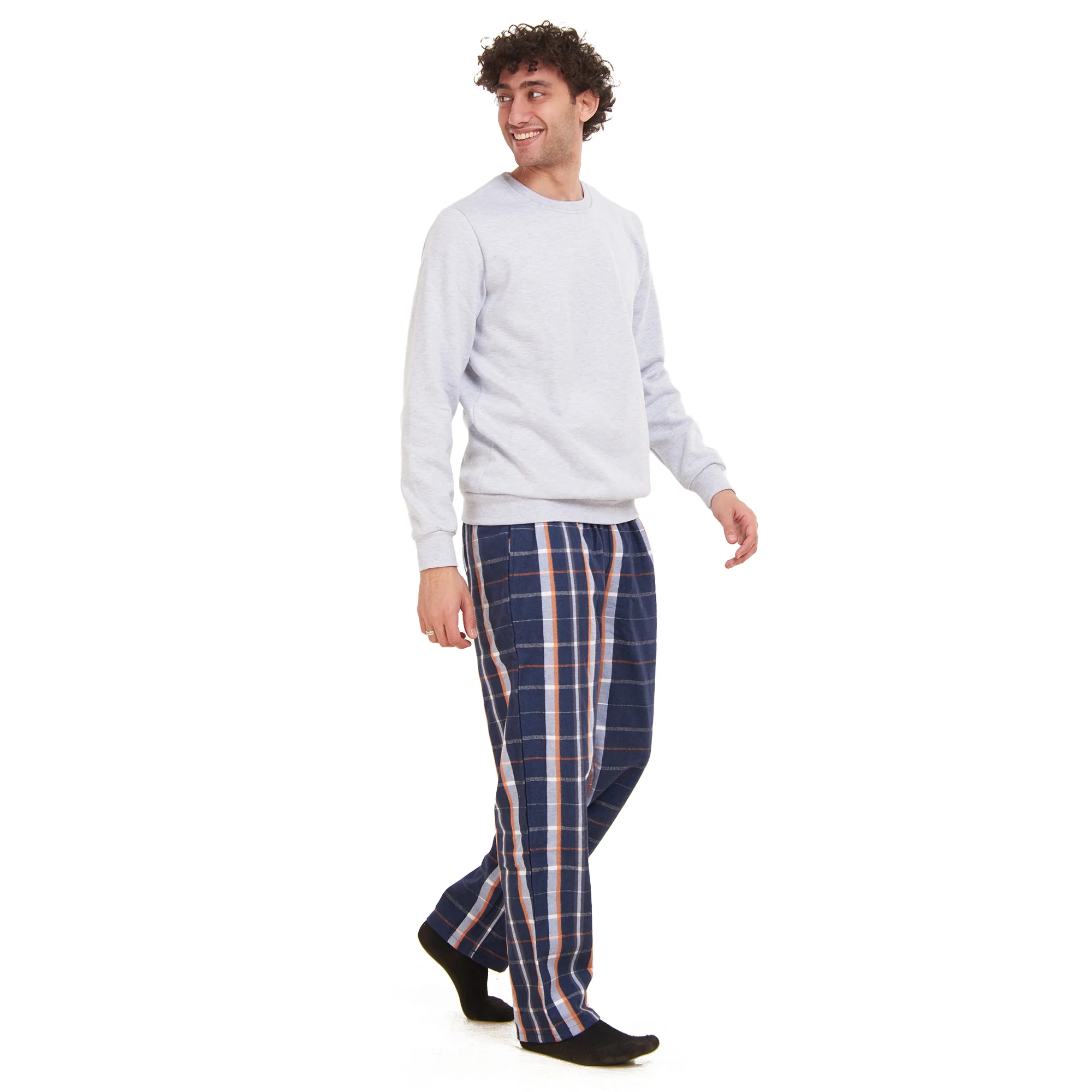 Men Winter Pajama Set Light Grey Sweatshirt + White x Dark Blue  Checkered Pants - Image 3