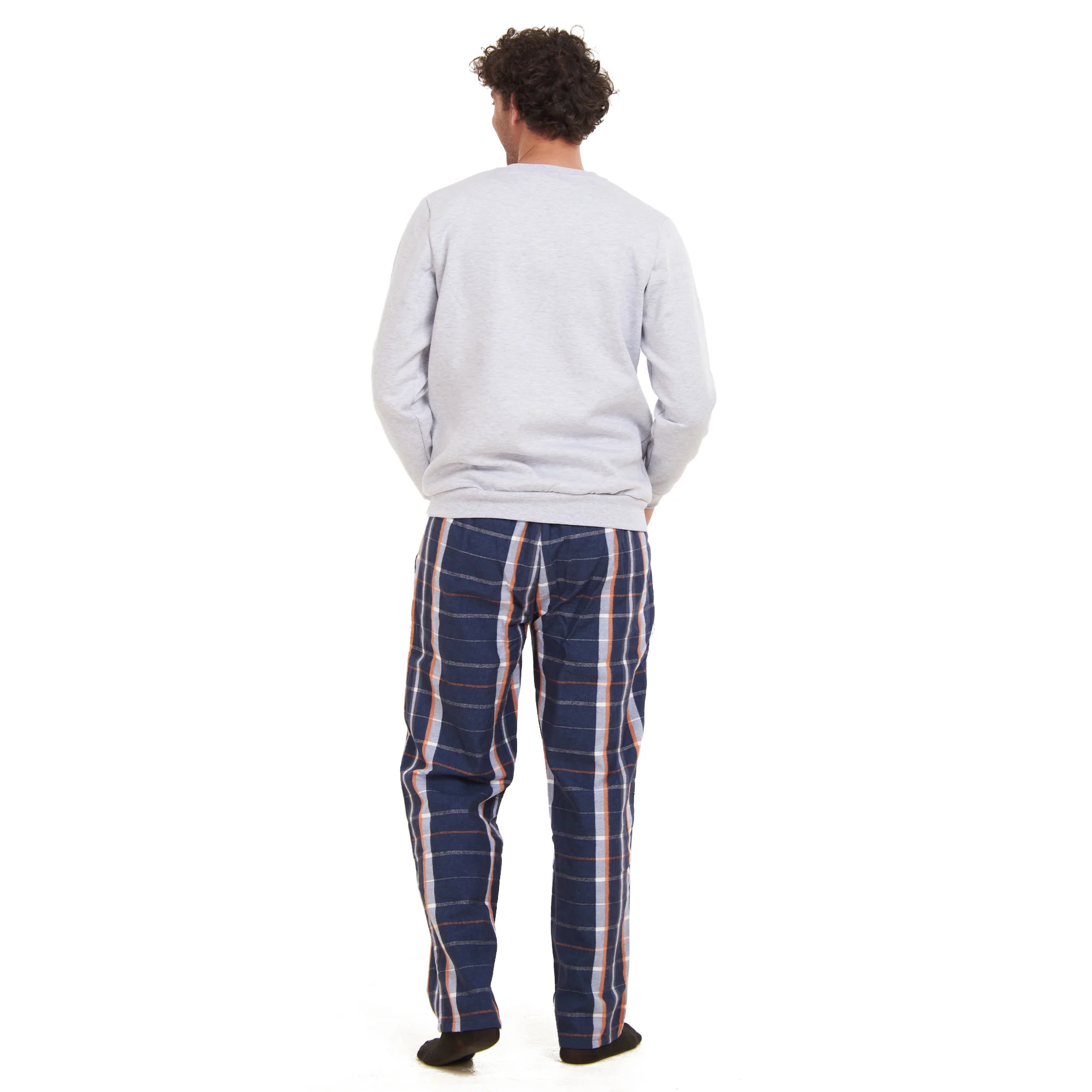 Men Winter Pajama Set Light Grey Sweatshirt + White x Dark Blue  Checkered Pants - Image 4