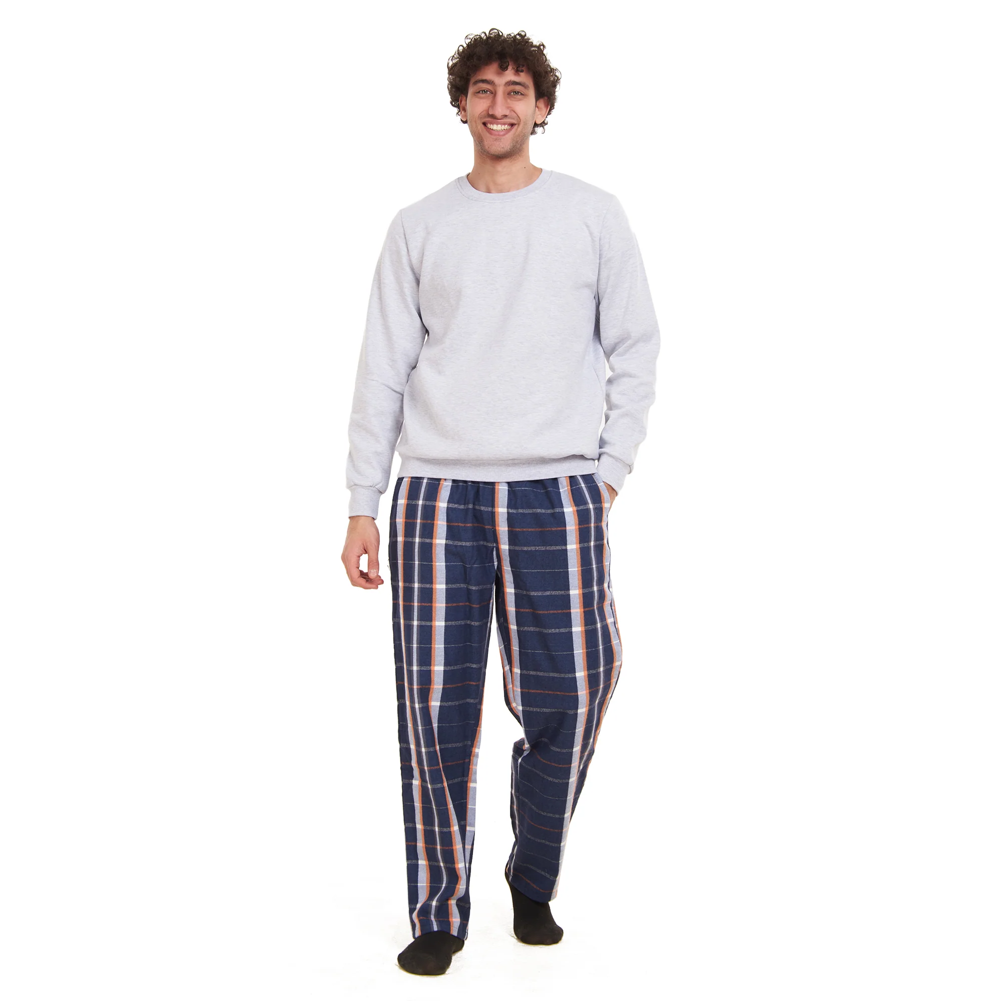 Men Winter Pajama Set Light Grey Sweatshirt + White x Dark Blue  Checkered Pants - Image 5