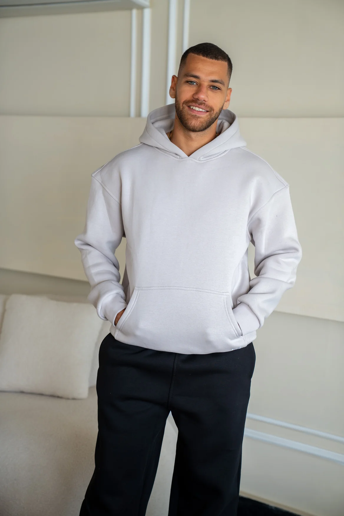 Men Winter Pajama Set Light Grey T-shirt +Black pants - Image 2