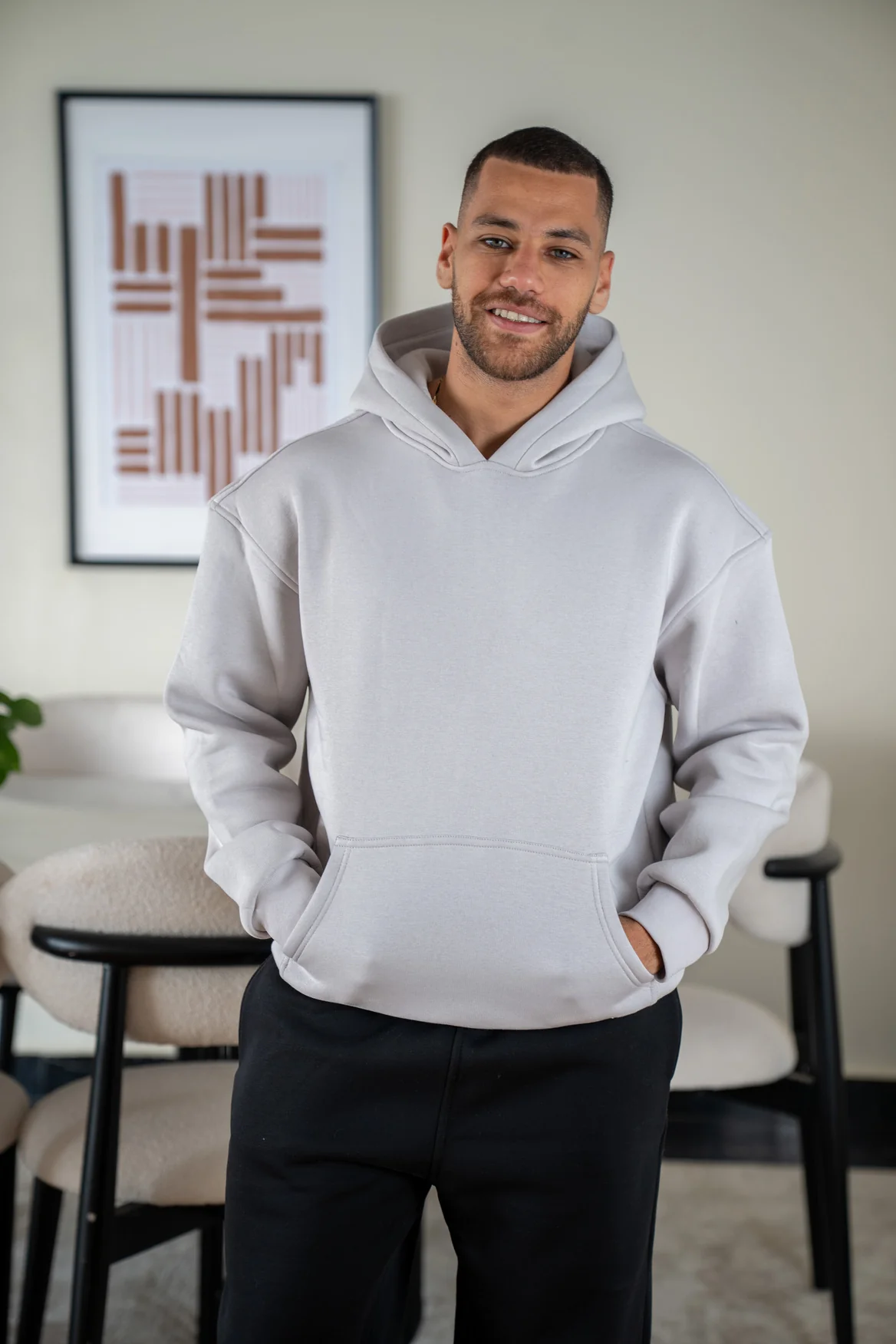 Men Winter Pajama Set Light Grey T-shirt +Black pants - Image 3