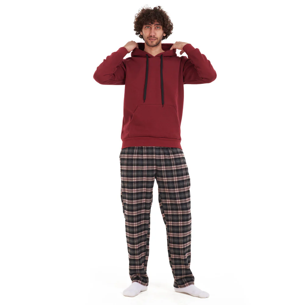 Men Winter Pajama Set Maroon sweatshirt +Maroon checkered Pants