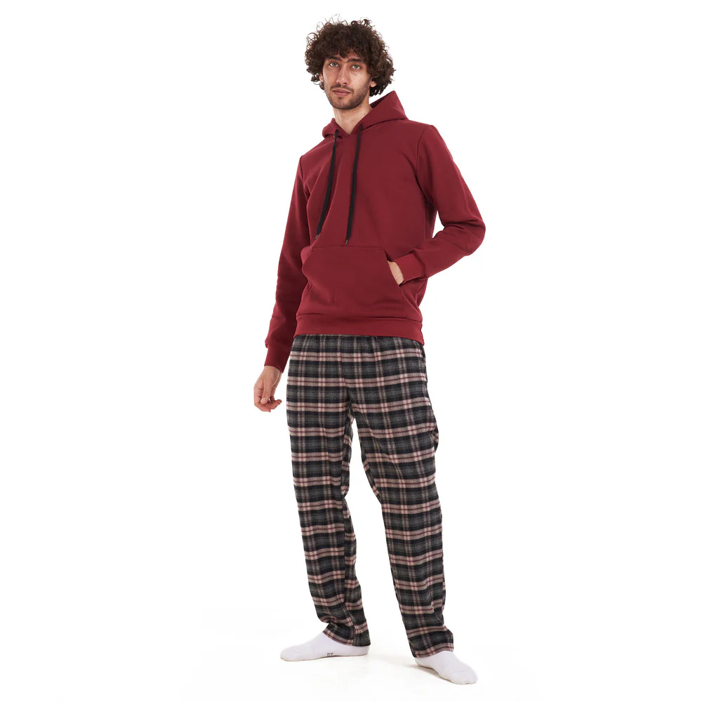 Men Winter Pajama Set Maroon sweatshirt +Maroon checkered Pants - Image 2