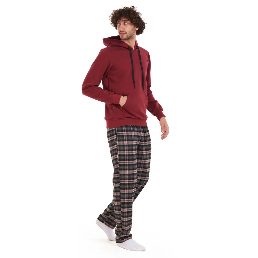 Men Winter Pajama Set Maroon sweatshirt +Maroon checkered Pants - Image 3