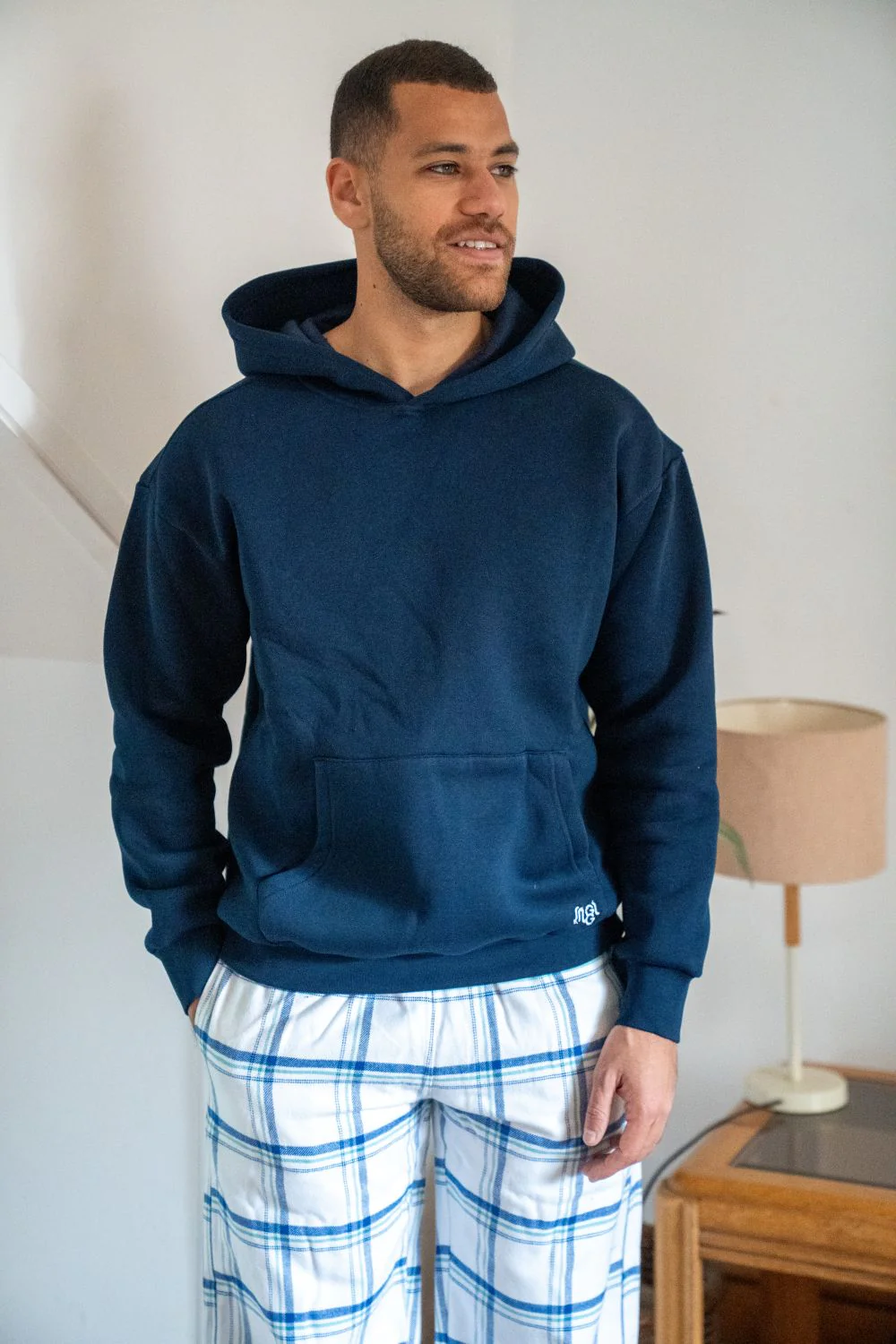 Men Winter Pajama Set Navy Hoodie + White X Navy Checkered  Pants - Image 2