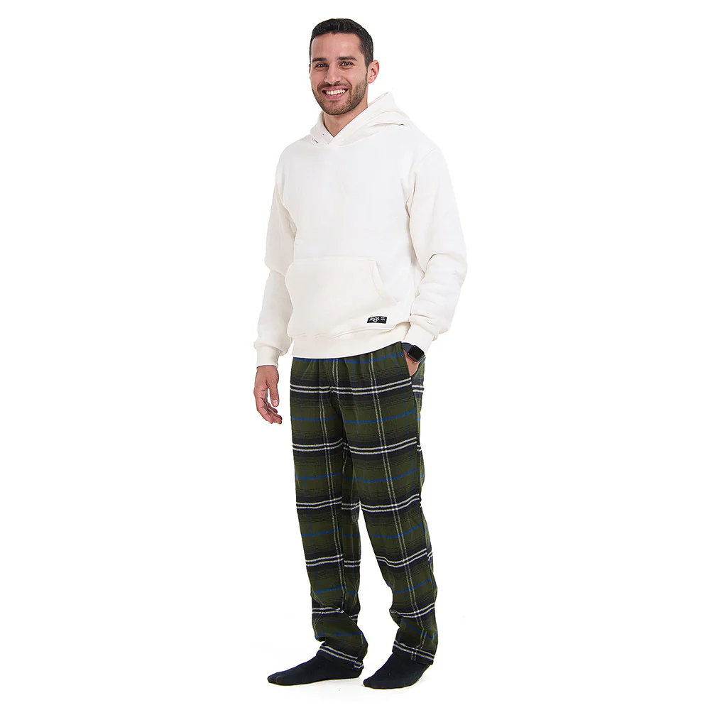 Men Winter Pajama Set Off White Hoodie + Olive x Black Checkered Pants - Image 2