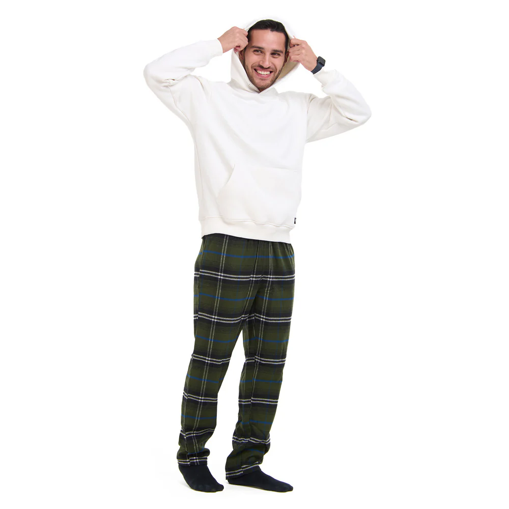 Men Winter Pajama Set Off White Hoodie + Olive x Black Checkered Pants - Image 3