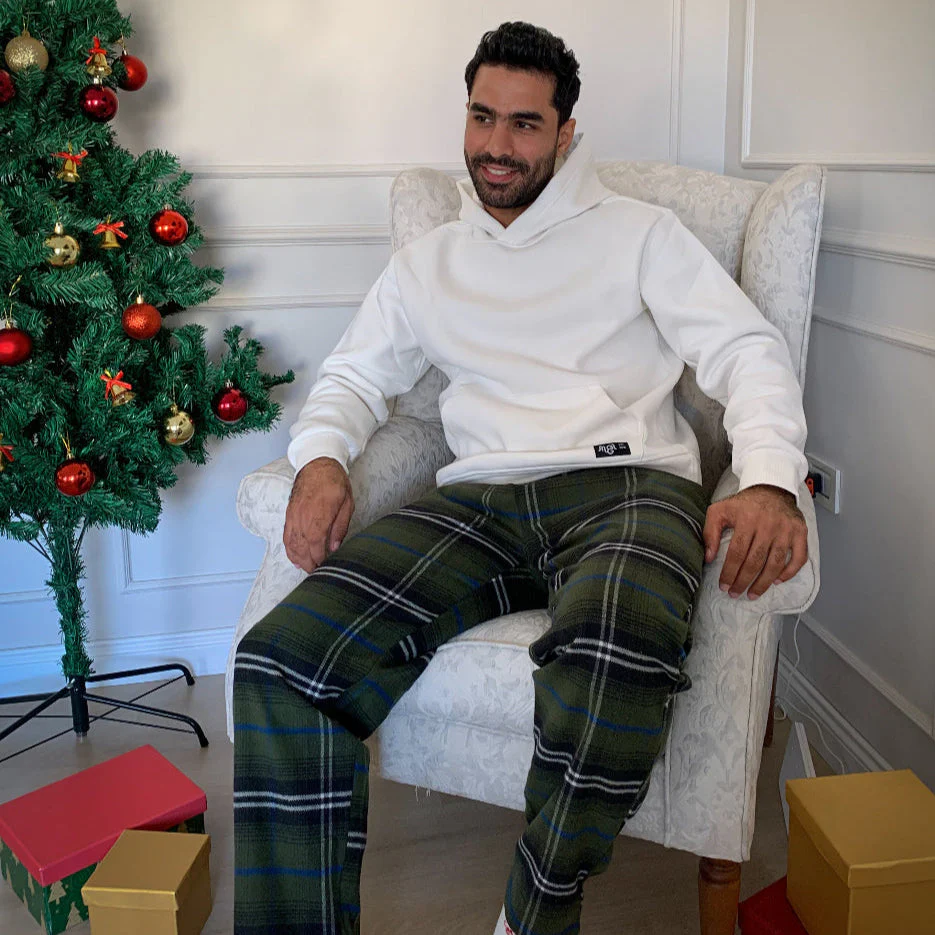 Men Winter Pajama Set Off White Hoodie + Olive x Black Checkered Pants - Image 4