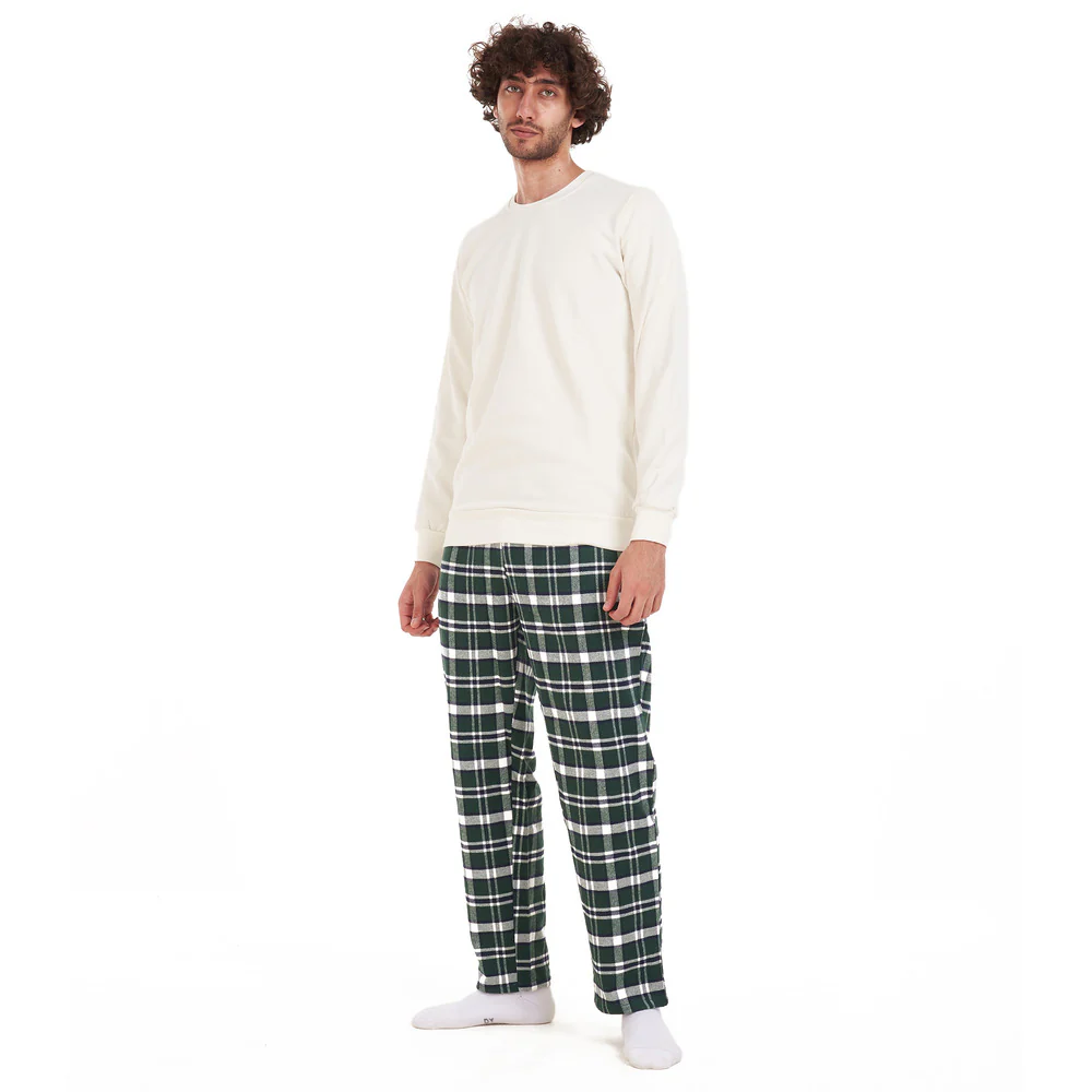 Men Winter Pajama Set Off-White Shirt + Dark Green Checkered Pants - Image 2