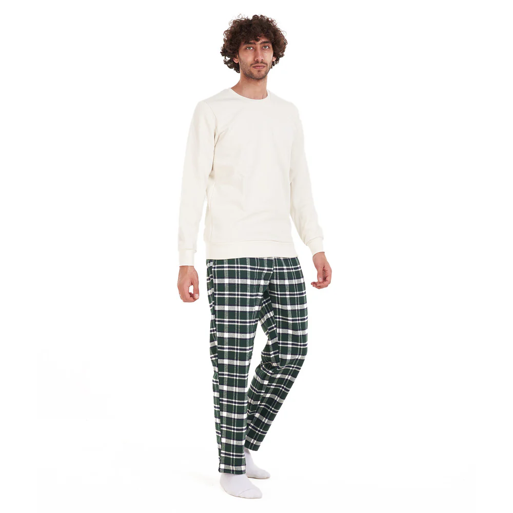 Men Winter Pajama Set Off-White Shirt + Dark Green Checkered Pants - Image 3
