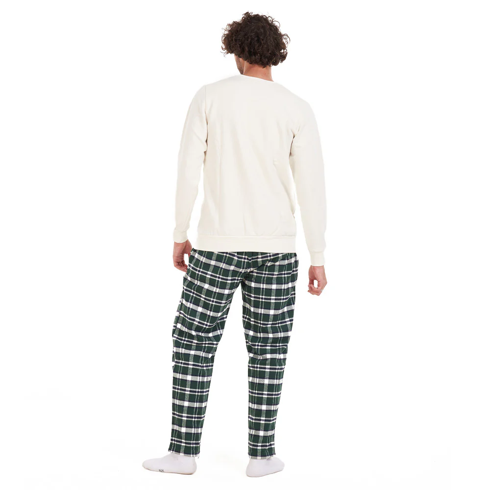 Men Winter Pajama Set Off-White Shirt + Dark Green Checkered Pants - Image 4