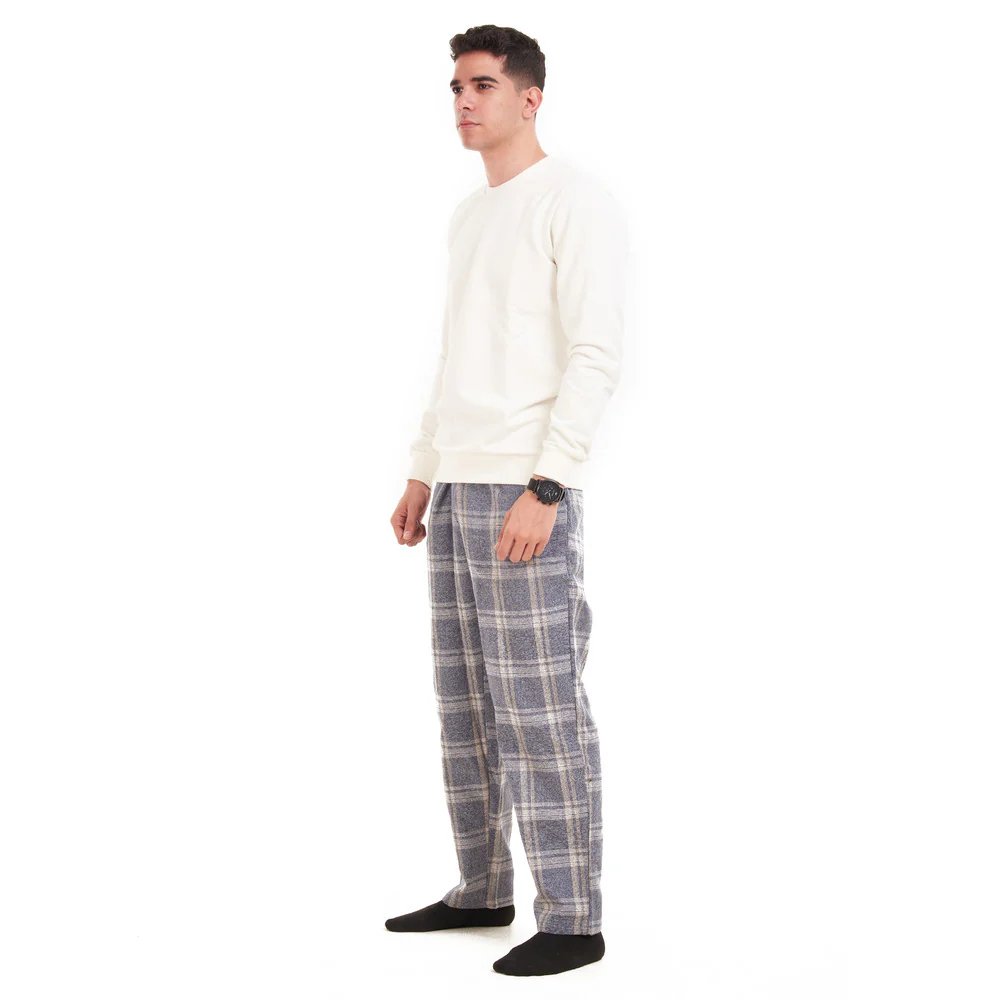 Men Winter Pajama Set Off-White Shirt + Dark Grey  Checkered Pants - Image 2