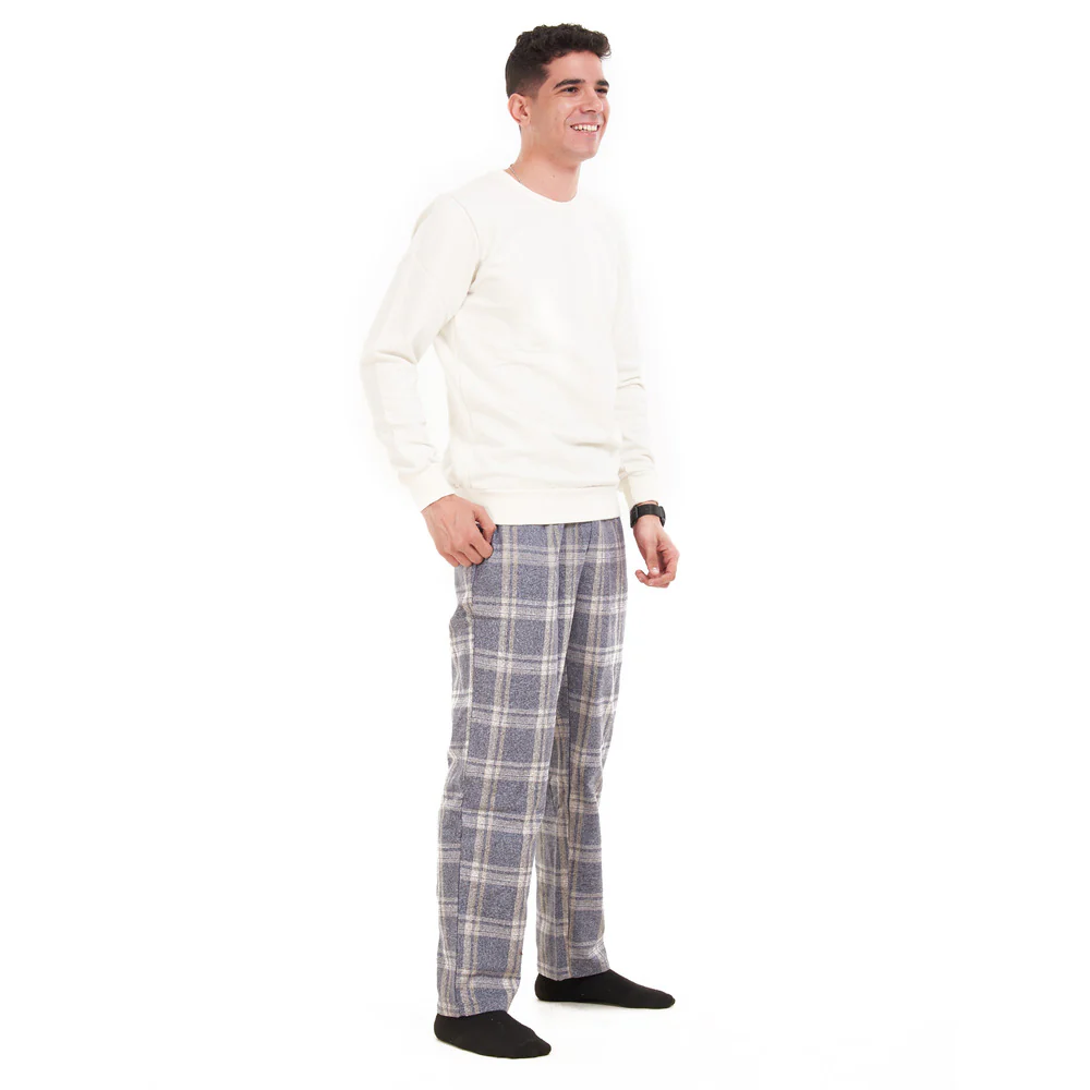 Men Winter Pajama Set Off-White Shirt + Dark Grey  Checkered Pants - Image 3