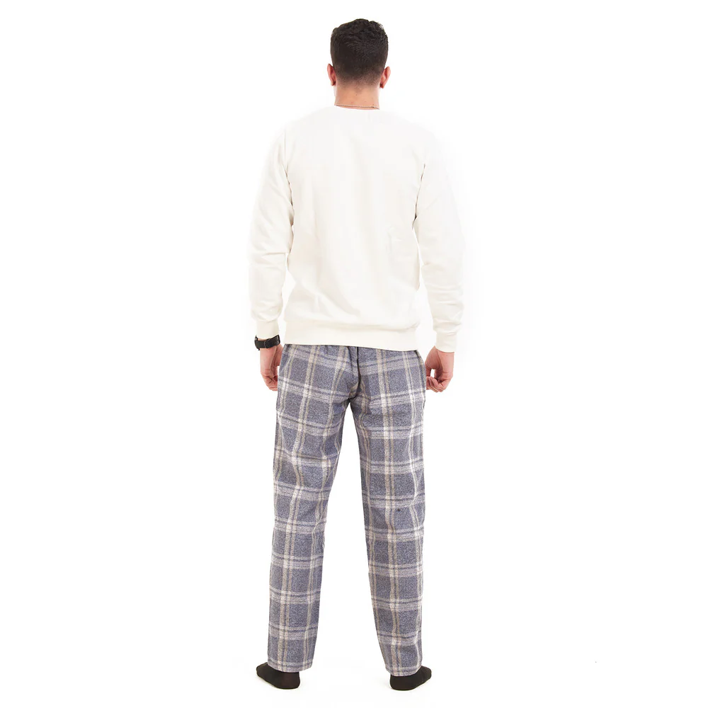 Men Winter Pajama Set Off-White Shirt + Dark Grey  Checkered Pants - Image 4