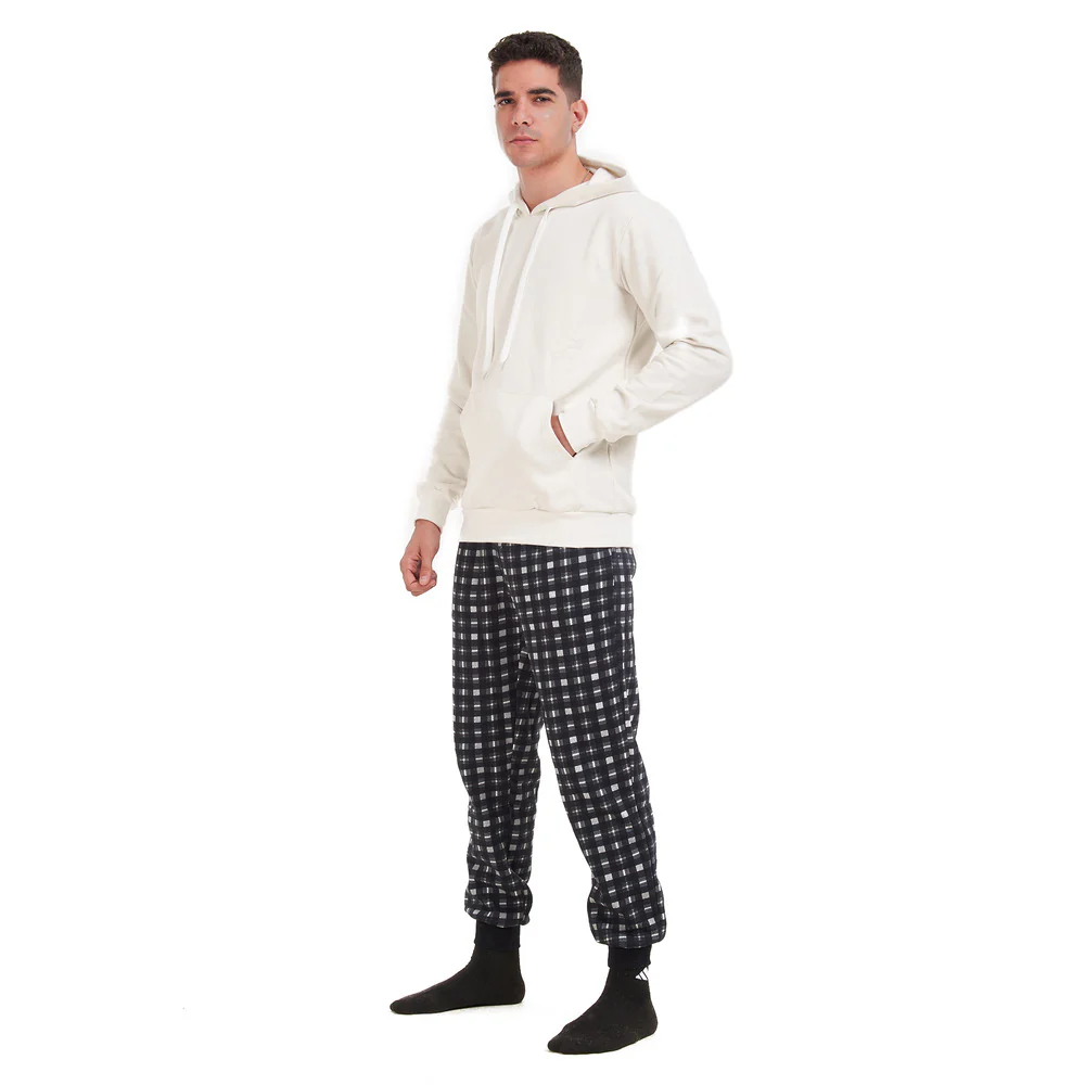 Men Winter Pajama Set Off-White Sweatshirt +black x Light Grey Pants - Image 2
