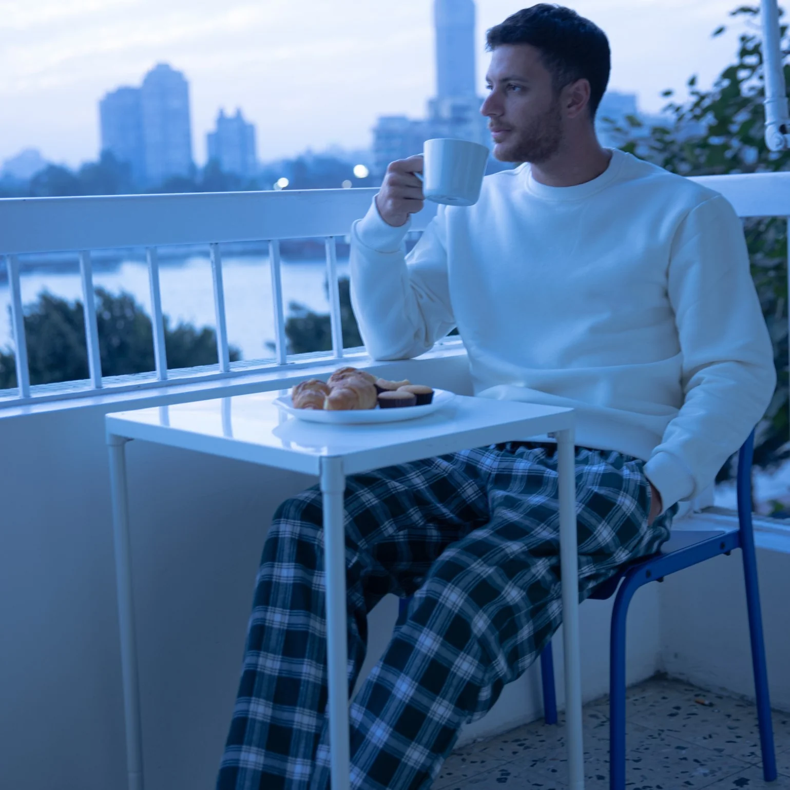 Men Winter Pajama Set Off White sweatshirt + Dark Green x Off White checkered Pants - Image 3