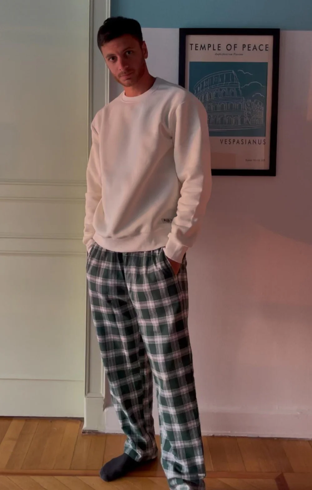 Men Winter Pajama Set Off White sweatshirt + Dark Green x Off White checkered Pants - Image 4