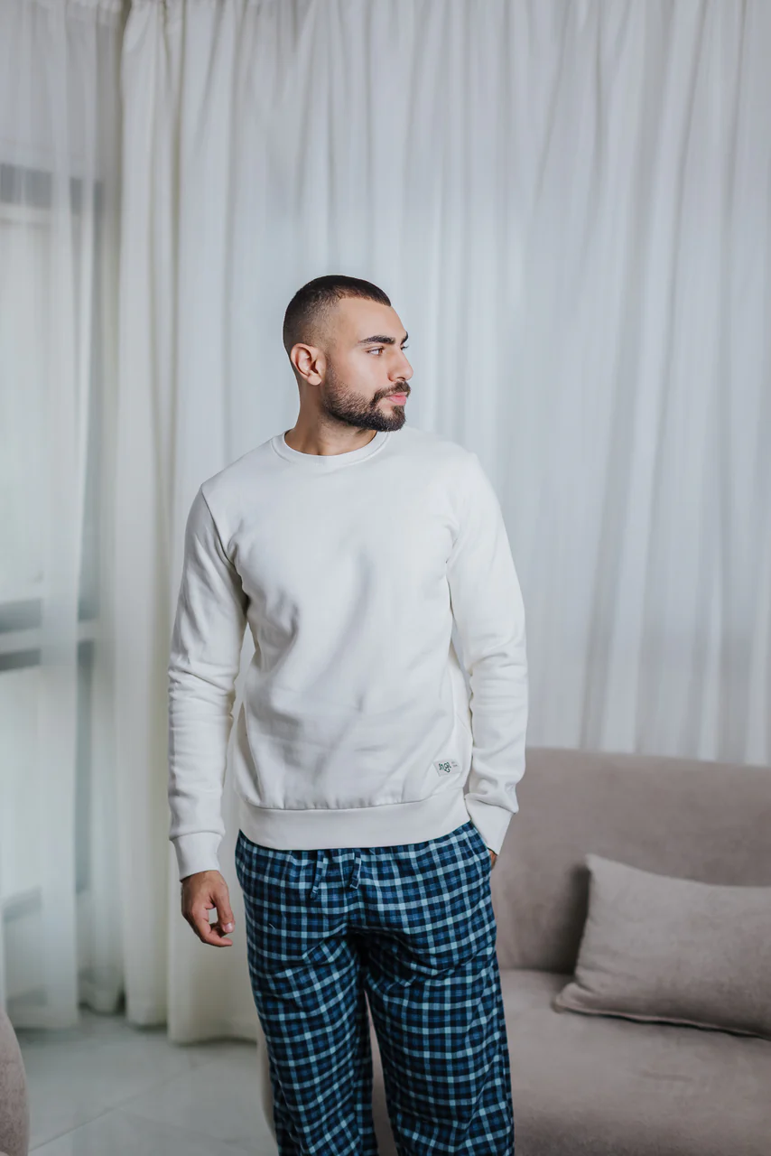 Men Winter Pajama Set Off White T-shirt + Light blue x Black Checkered pant - Image 2