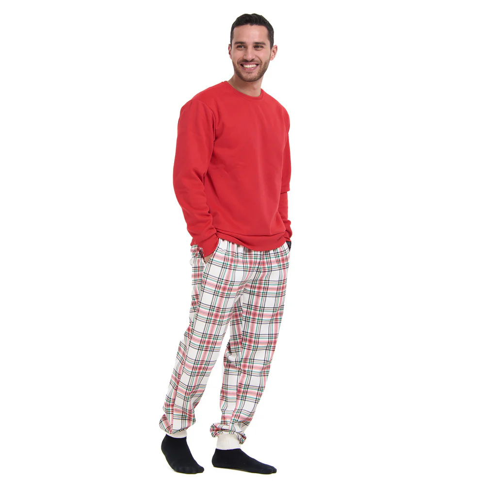 Men Winter Pajama Set Red Sweatshirt + Red x Green Checkered Pants - Image 2