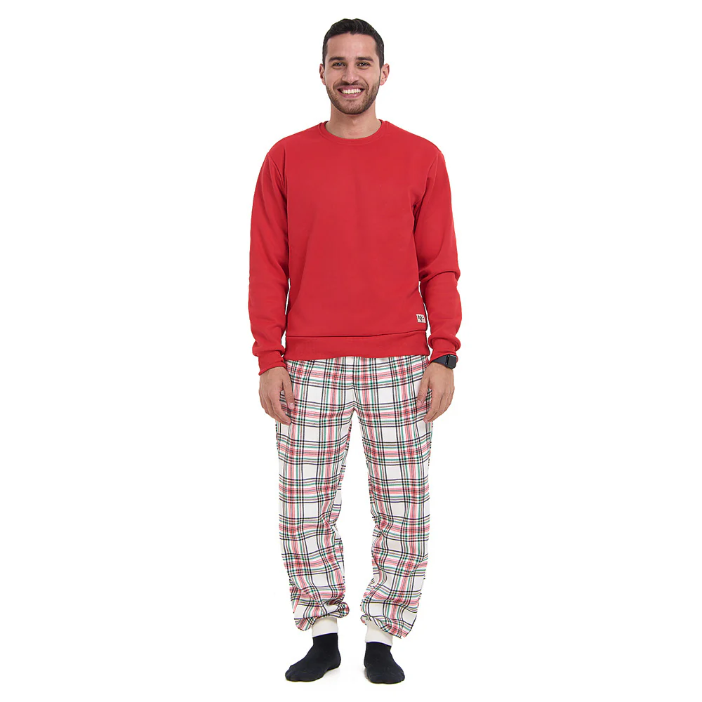 Men Winter Pajama Set Red Sweatshirt + Red x Green Checkered Pants - Image 3