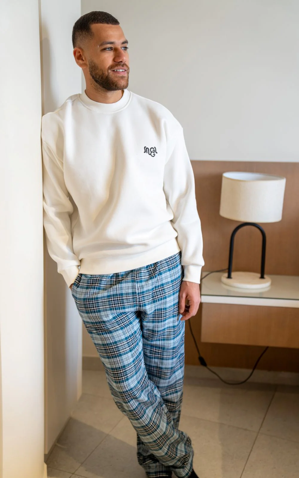 Men Winter Pajama Set White sweatshirt + Light Blue X White Checkered Pants - Image 2