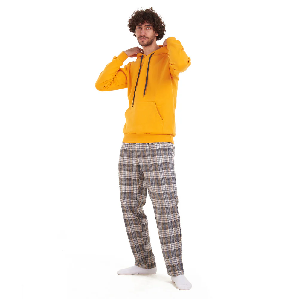 Men Winter Pajama Set Yellow sweatshirt + Yellow x grey checkered Pants - Image 2