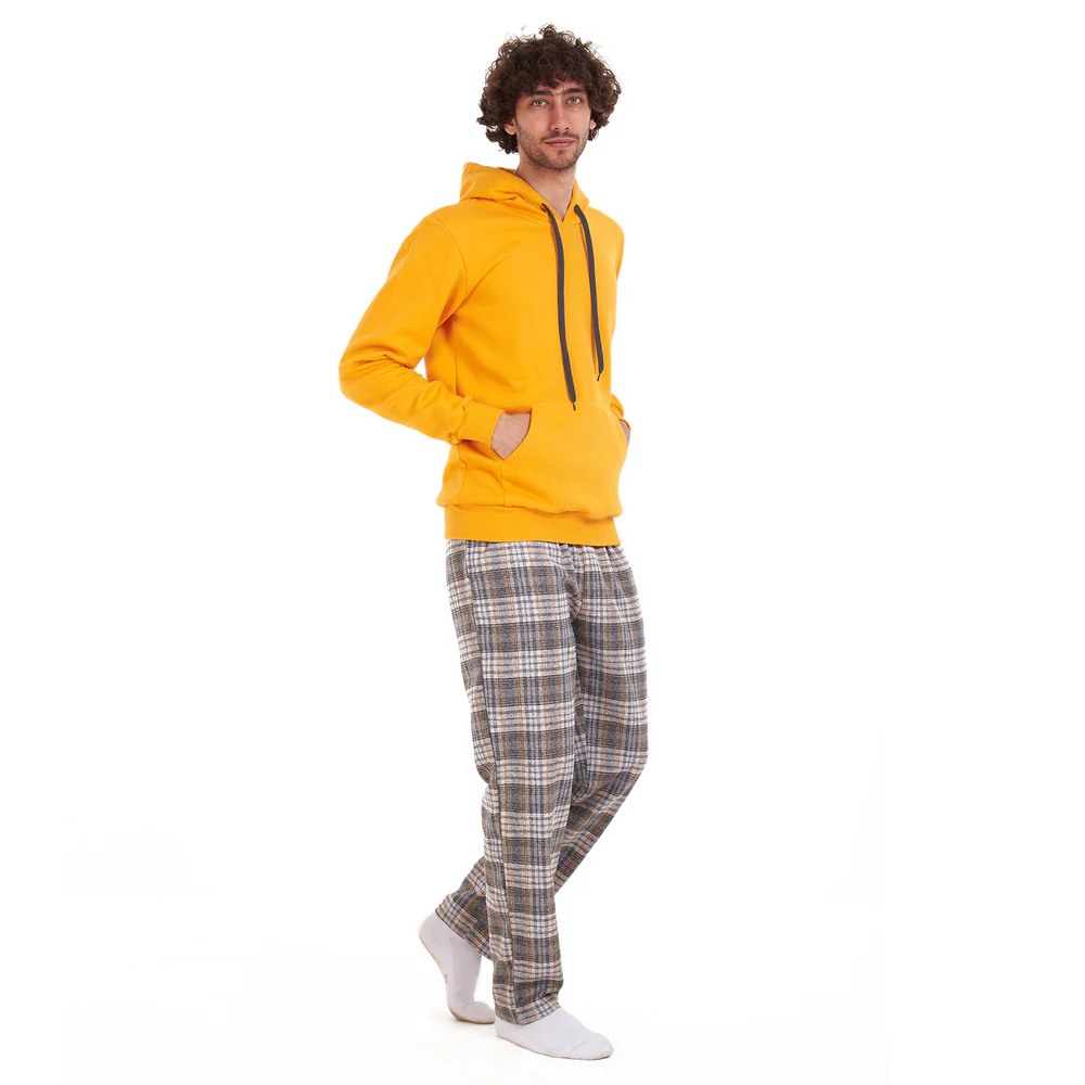 Men Winter Pajama Set Yellow sweatshirt + Yellow x grey checkered Pants - Image 3