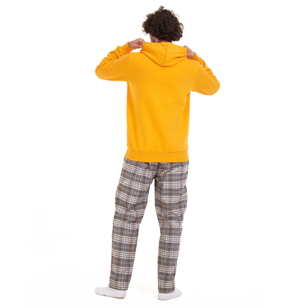 Men Winter Pajama Set Yellow sweatshirt + Yellow x grey checkered Pants - Image 4