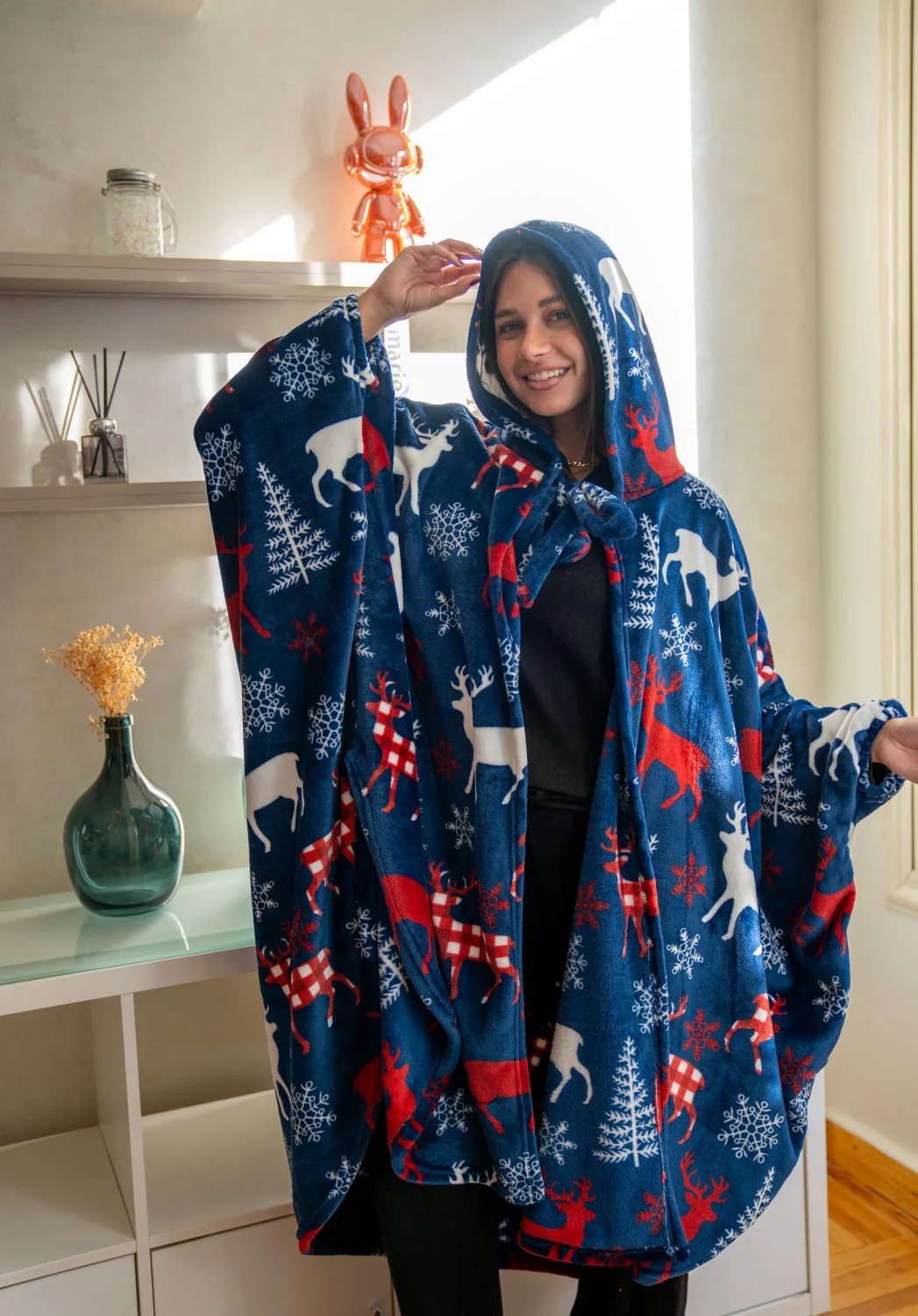 Snuggs The Cloak Blanket Christmas Dark Blue Deer - Image 2