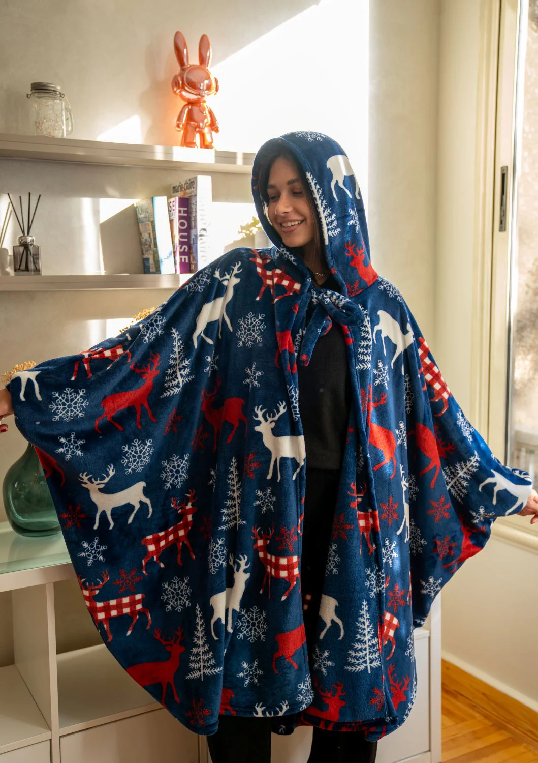 Snuggs The Cloak Blanket Christmas Dark Blue Deer - Image 4
