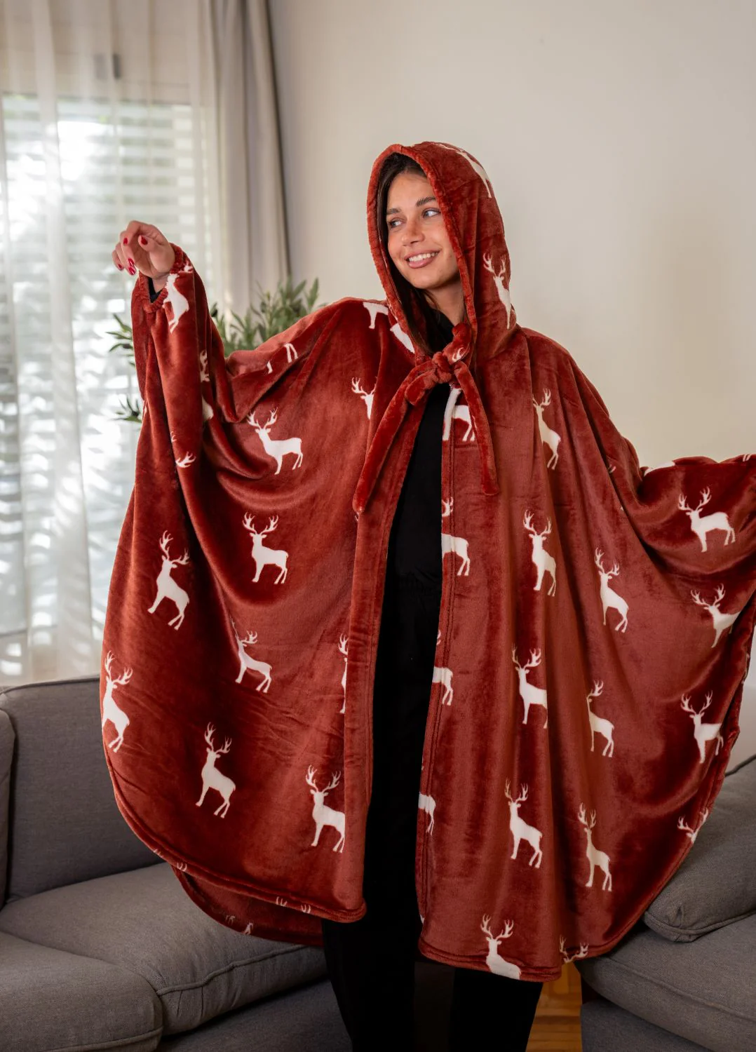 Snuggs The Cloak Blanket Dark Red Reindeer - Image 4