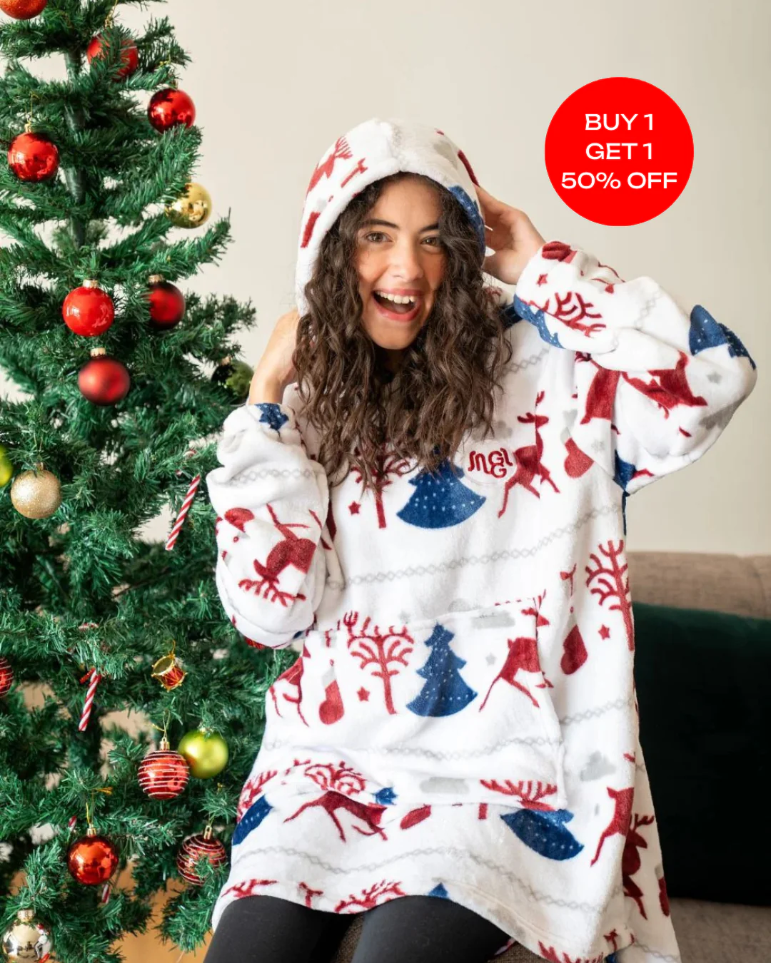 Snuggs Blanket Hoodie Christmas  Off White Deer - Image 4