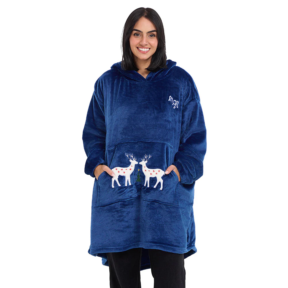 Snuggs Blanket Hoodie Dark Blue Christmas Deer Pocket - Image 2