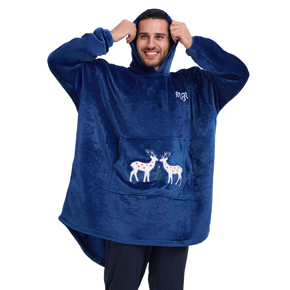 Snuggs Blanket Hoodie Dark Blue Christmas Deer Pocket - Image 3