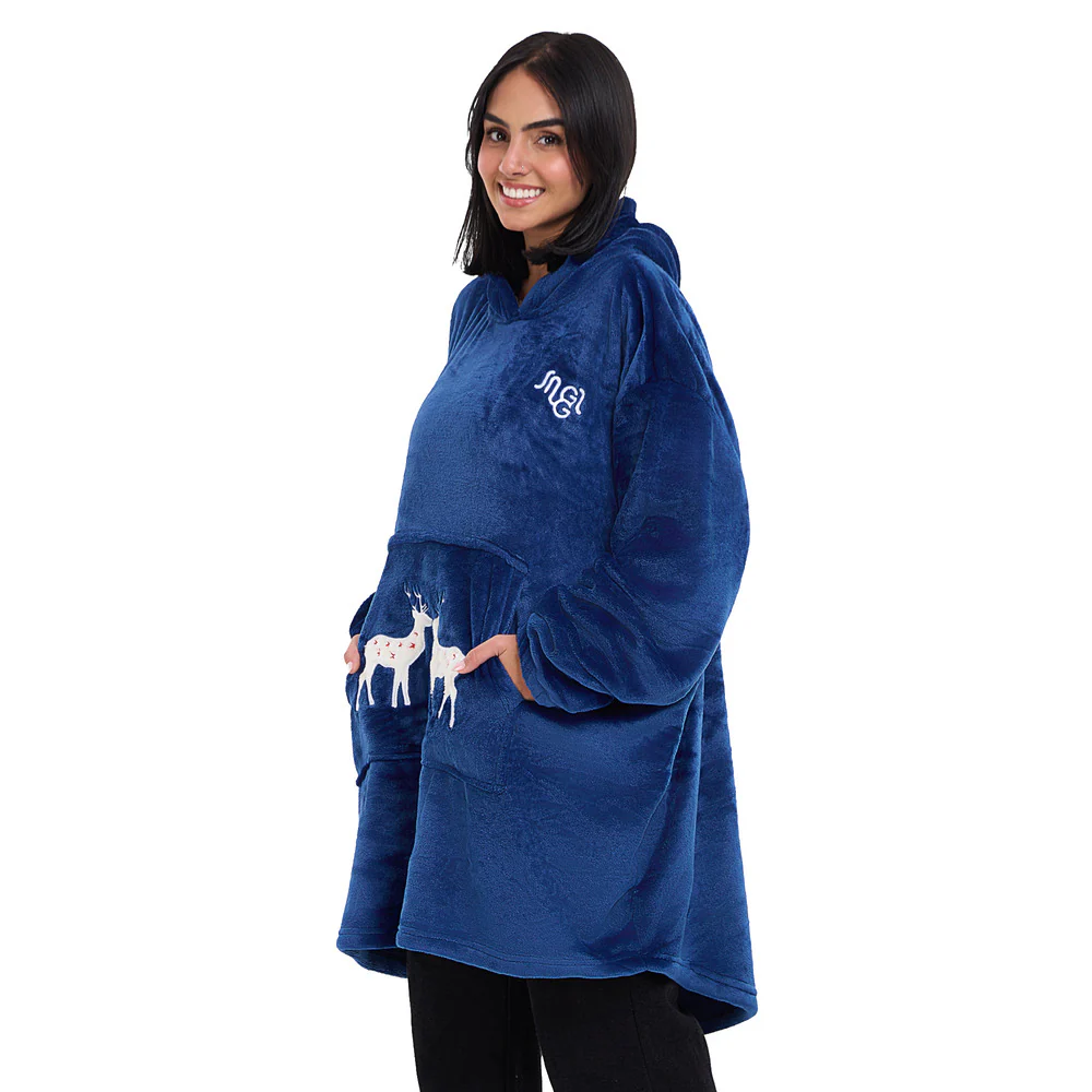 Snuggs Blanket Hoodie Dark Blue Christmas Deer Pocket - Image 4