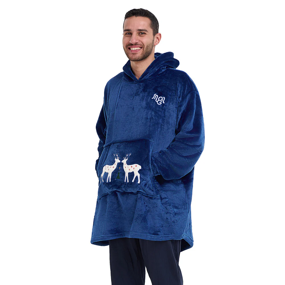 Snuggs Blanket Hoodie Dark Blue Christmas Deer Pocket - Image 5